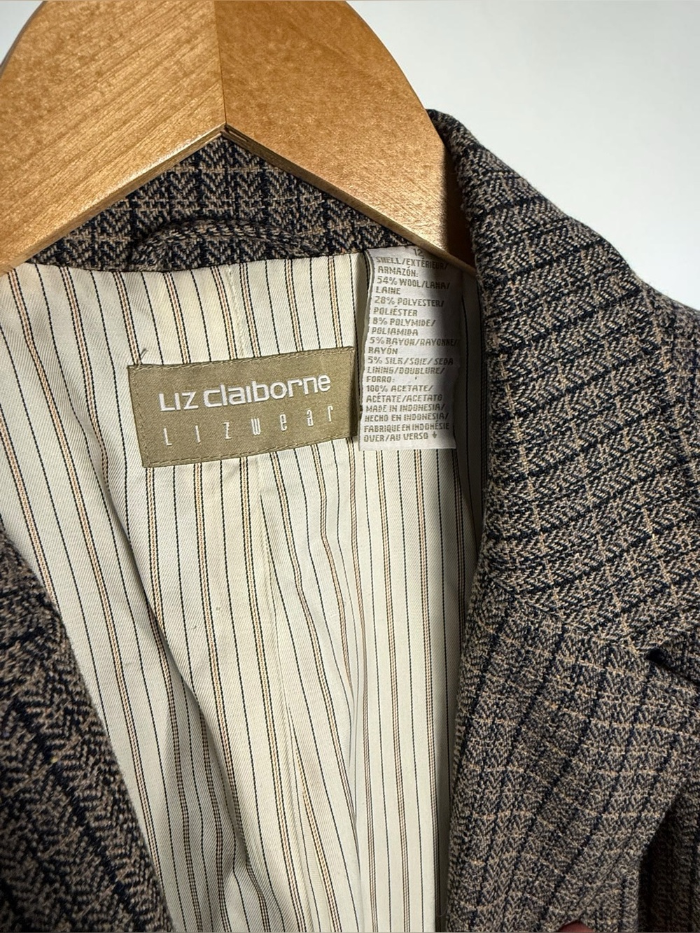 Liz Claiborne Lizwear Wool Blend Brown Plaid Blazer - Picture 2 of 7